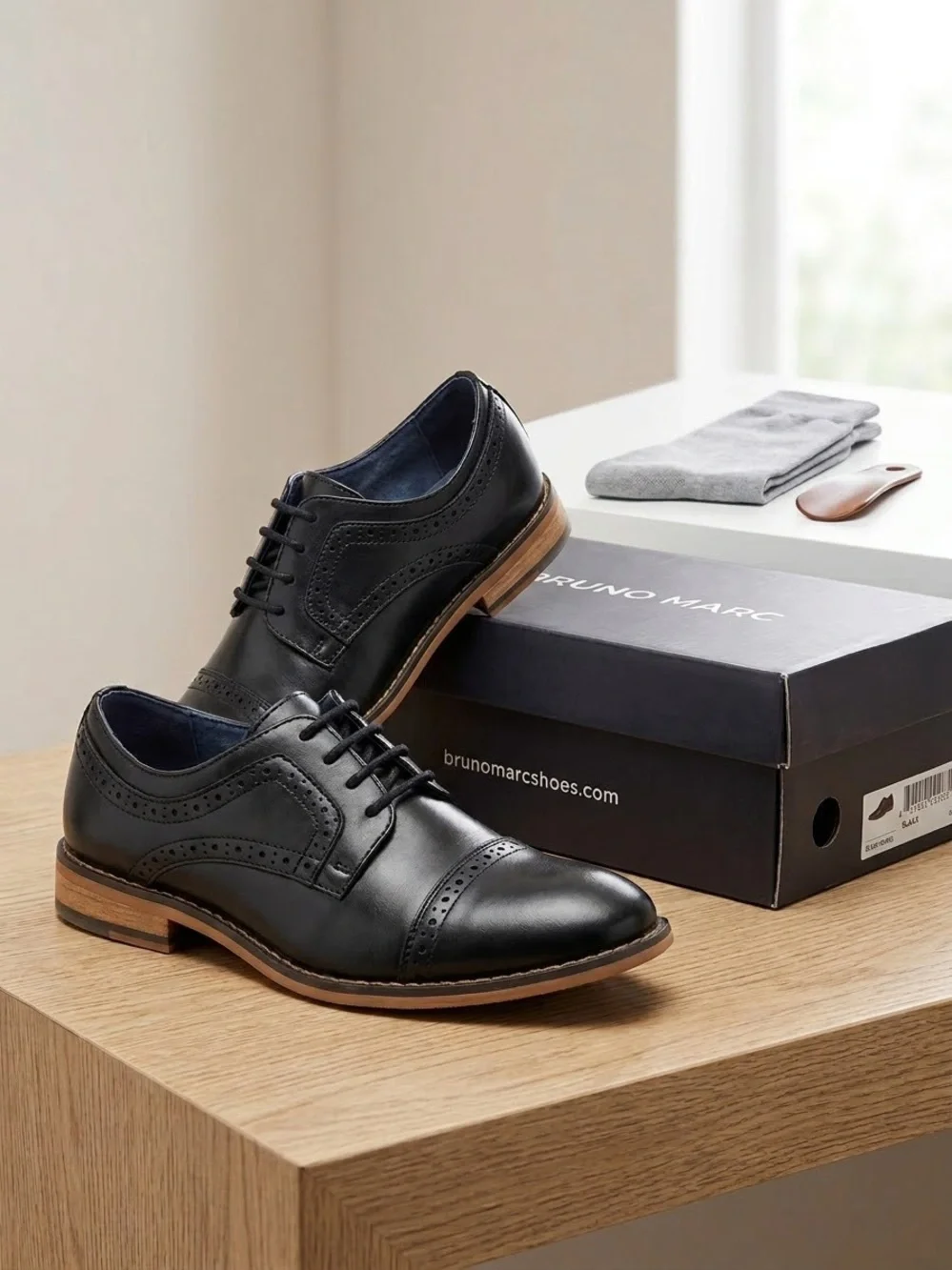 Black Boys' Leather Cap-Toe Dress Shoes by Bruno Marc